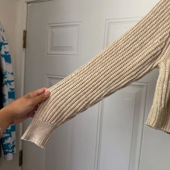 CURATOR SF cream open knit crochet cotton boxy cropped pullover sweater - Picture 2 of 6